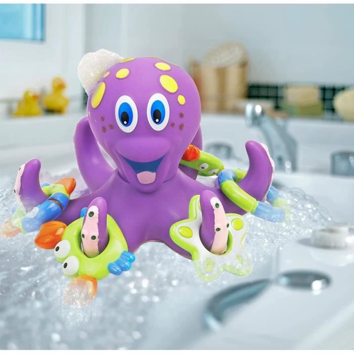 Jouet de Bain Pieuvre Flottante avec 5 anneaux pour bebe Jeu de Bain pour Développement de la Motricité de Bébé, Violet, 6pcs