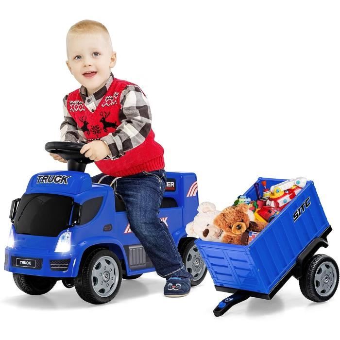 DREAMADE Camion Porteur Enfant avec Remorque de Rangement, Voiture à Pousser avec Volant Musique Phares pour Enfant 18-36Mois, Bleu