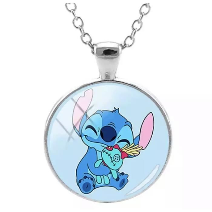 Collier stitch pendentif cabochon verre kawaii bleu souillon bijoux fantaisie mode tendence cadeau femme enfant sautoir lilo
