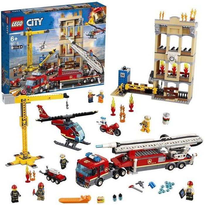 LEGO® City 60216 Les pompiers du centre-ville avec camion de pompiers Grue, Hélicoptère, Moto et Jouet pour Enfants 6 ans et +