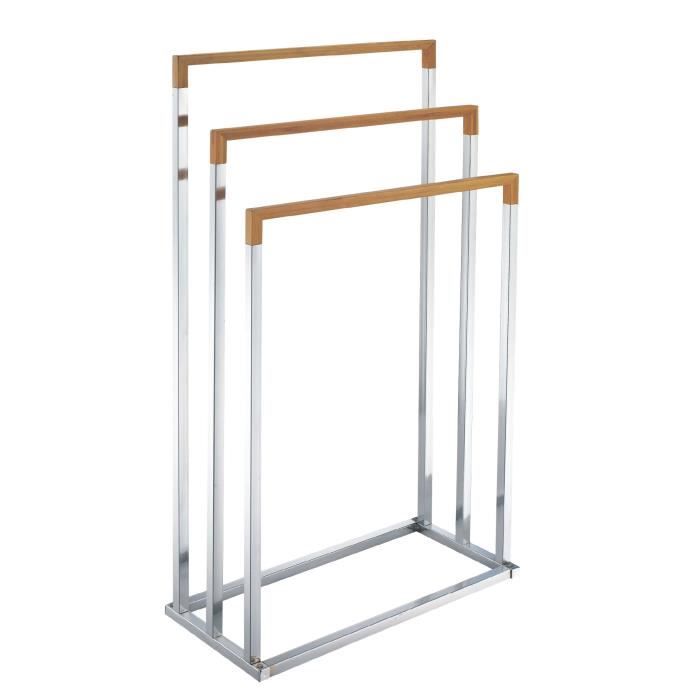 M-Home - Porte-Serviettes sur Pied - 3 Niveaux - Métal Chromé & Bambou