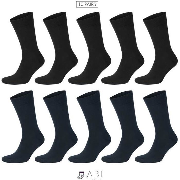 ABI - Chaussettes classiques Noir/Bleu marine Homme Femme Coton (10 Paires)