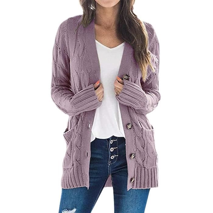 Femme Ouver Boutonné Cardigan Poches Long Tricoté Cardigan Automne Hiver Col V Décontractée Haut Cardigan Tricot Torsadé,Violet