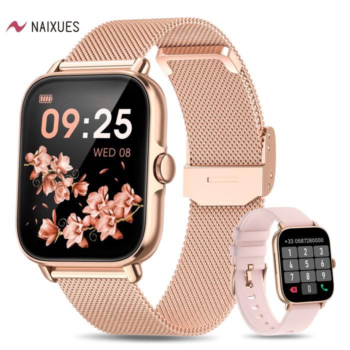 NAIXUES Montre Connectée Femme Appels Bluetooth Assistant Vocal 1,7'' Smartwatch 28 Modes Sportifs 2 sangles SpO2 pour Android iOS