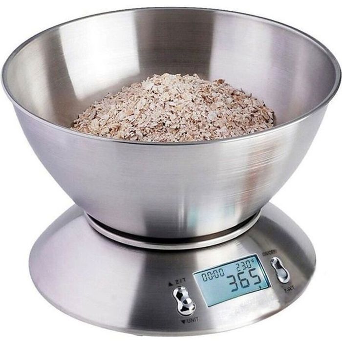 BALANCE CULINAIRE ELECTRONIQUE 5 kg1g Balance de Cuisine en Acier Inox - avec bol de 215L Amovible Grand Ecran Rétroéclairé