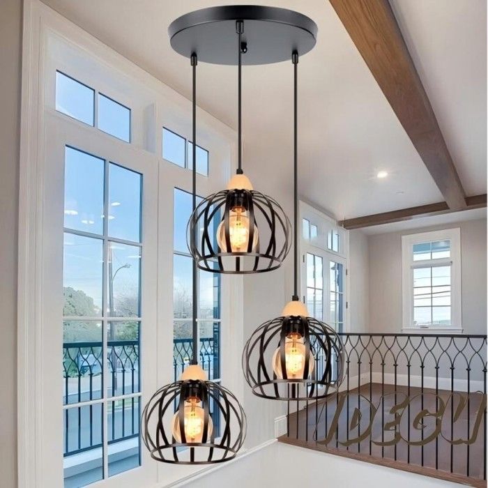 WOTTES Lustre Suspension en Bois et Métal 3 têtes Disque Lampe Luminaire Rétro Vintage Cage Noir Ø20cm pour Salon Chambre