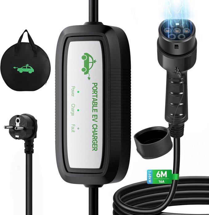 Câble Recharge Voiture électrique 11kW Type 2 - 6m, Triphasé 16A, Prise CEE - Compatible Tesla Model Y, Peugeot E-208, Fiat 500e…