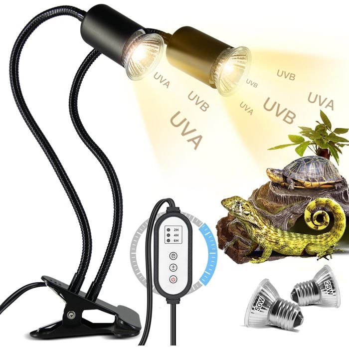 Comparer les prix de Turtle Heat Lamp with Two Heads 25W+50W Reptiles Turtle Lamp E27 UVA+UVB Turtle Lamp with 2 Basking Spot Bulbs and Timer for