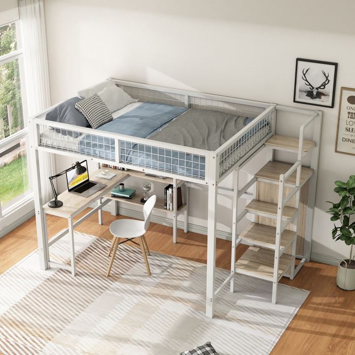 Lit Mezzanine 140x200 cm avec Bureau Intégré Étagères de Rangement Armoire et Échelle Cadre en Métal Blanc (Sans Matelas) Lit Mezzanine 140x200 cm avec Bureau Intégré Étagères de Rangement Armoire et Échelle Cadre en Métal Blanc (Sans Matelas)