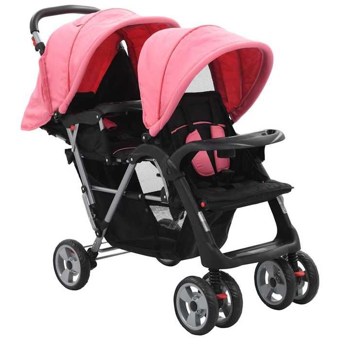 Poussette double - vidaXL - Rose et noir - Acier - Design pliable