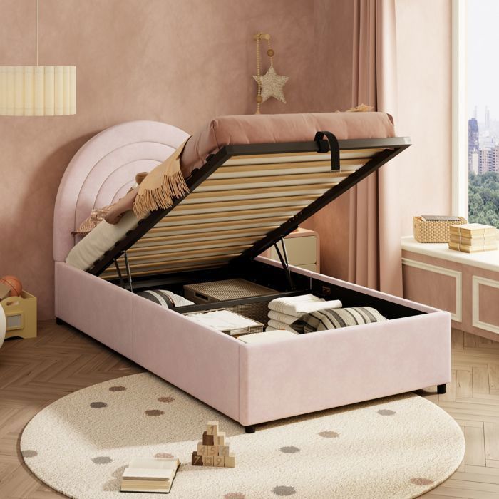 Lit Coffre - Becag - Lit Capitonné Simple 90x200cm - Lit Enfant Rembourré avec Rangement Hydraulique - Velours Rose