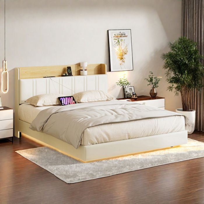 Lit 140x190 cm - sommier - Ensaches - LED et USB - Cadre de Lit en Métal - Blanc