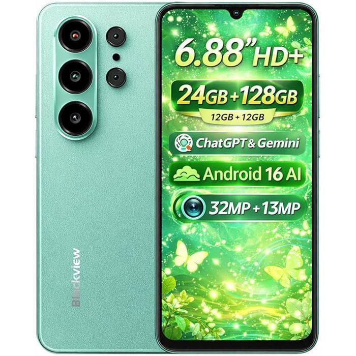 Telephone Portable Blackview WAVE 10Android 16 Smartphone Pas Cher 4G IA Débloqué6.88 HD++ Externe 32MP+13MPVert