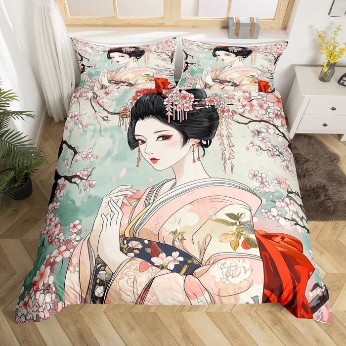 Geisha Japonaise Fille Parure de Lit Garçons Filles Fleurs de Cerisier Ensemble de Literie Style Japonais Housse de Couette 220x240