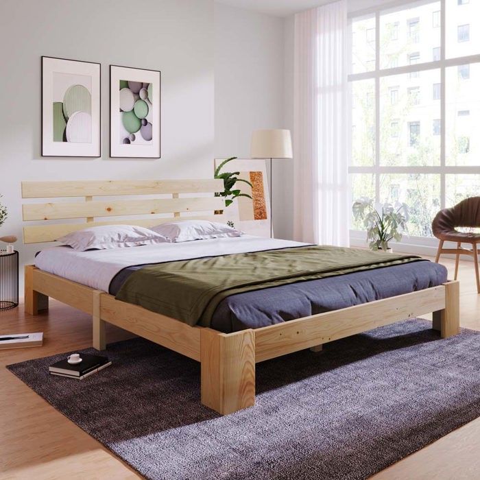 Lit double - Structure 140 x 200 cm - Lattes en pin massif - Tête de lit incluse - Bois naturel