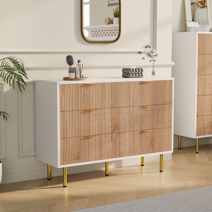 Commode à 6 Tiroirs Commode Scandinave avec Poignée en Bois et Pieds de Support Chiffonnier Meuble de Rangement Bois + Blanc