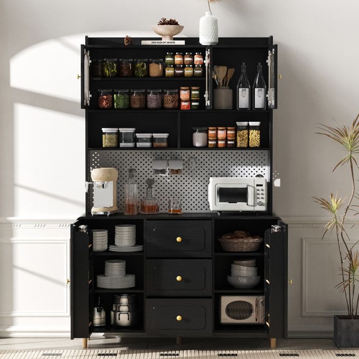 Buffet Cuisine 120 cm avec Rangement Porte et Tiroirs Meuble de Cuisine avec Panneau Perforé Plan de Travail Scandinave Noir