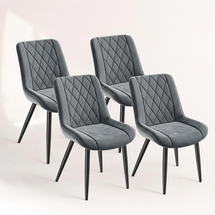 HavenlyHome Lot de 4 Chaises Salle à Manger Velours Gris Dossier Ergonomique Assise Confortable Pieds Métal Noir