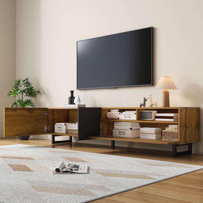 Meuble TV avec 3 portes dont 1 abattante 2 niches pieds métal bois/naturel gris foncé 170x42x36 5 cm