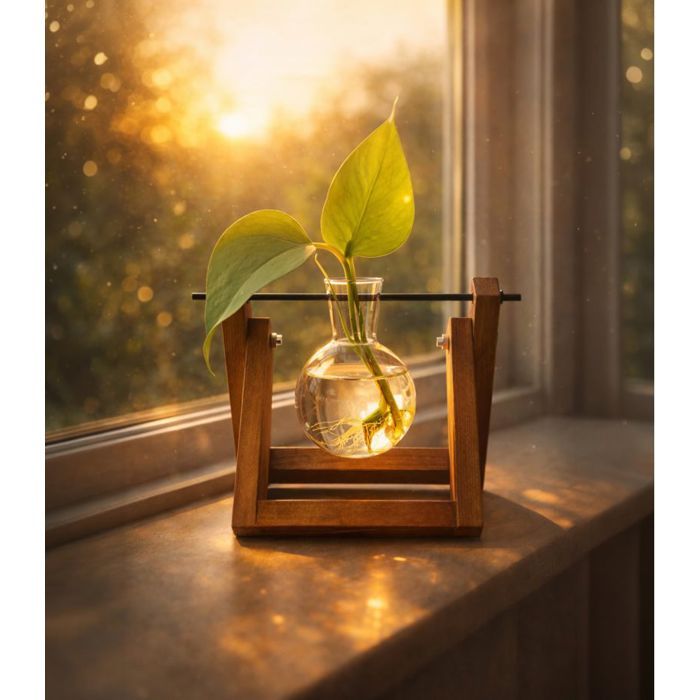 VASE HYDROPONIQUE DESIGN A SPHERE EN VERRE ET SUPPORT BOIS