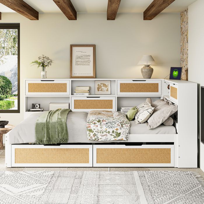 Lit Banquette - Lit Enfant Multifonction 140x200 Cm Bois Blanc Avec Tiroirs Port USB Et Grand Rangement Couleur Blanc