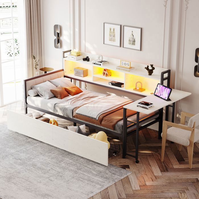 Lit Banquette Simple Combiné - Merax - avec Bureau Pliant LED Prise 2 Tiroirs Étagères - en Bois - 90x200 cm