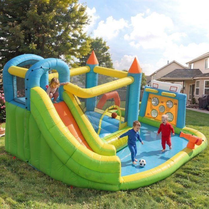 Château gonflable pour enfants - Parc aquatique extérieur avec trampoline, toboggans et pistolets à eau - Souffleur 450 Château gonflable pour enfants - Parc aquatique extérieur avec trampoline, toboggans et pistolets à eau - Souffleur 450