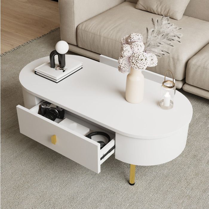 Table basse 2 tiroirs - TCQPZ - blanc et or en MDF coins arrondis pour salon 108 × 50 × 40 cm