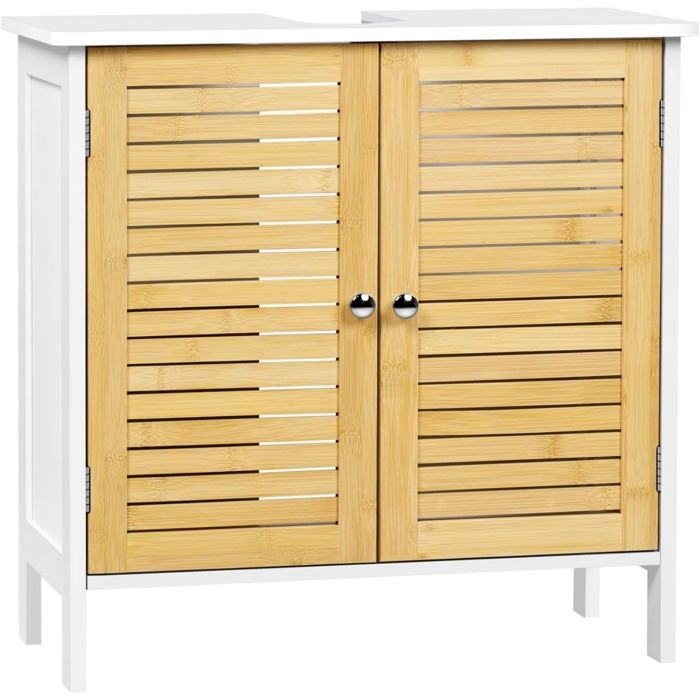 Meuble sous Lavabo Salle de Bain EUGAD - Portes en Bambou - 60x30x60cm - Couleur Bambou+Blanc