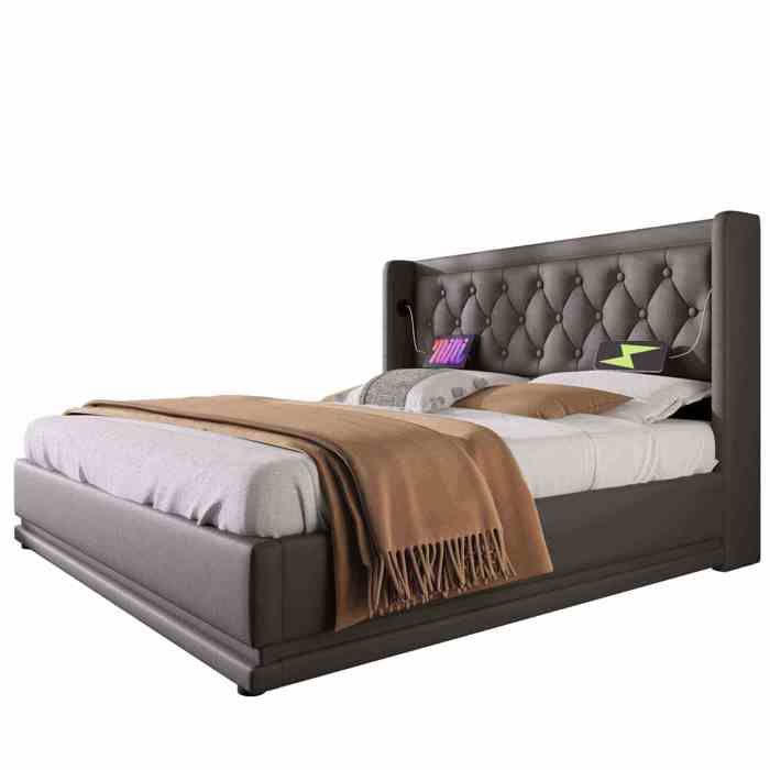 Lit 140x200 cm coffre relevable hydraulique simili cuir noir tête capitonnée USB-C LED sur 3 côtés sans matelas