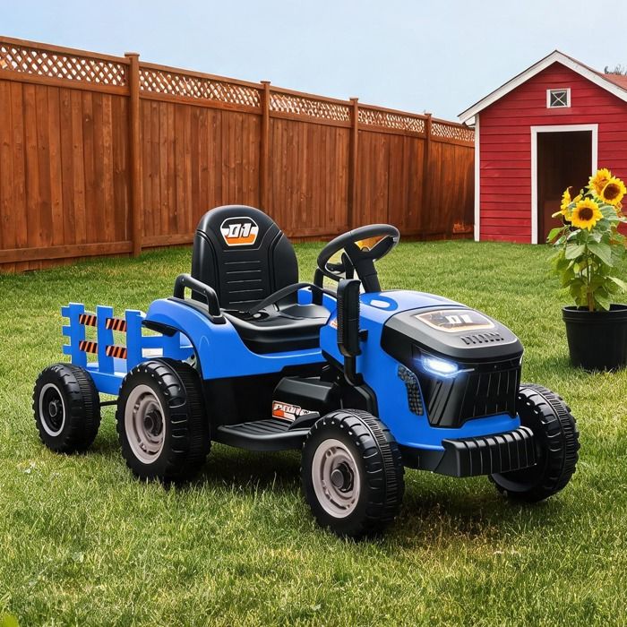 Tracteur électrique enfant avec remorque et télécommande bleu 139 cm Soft-Start 3 à 8 ans