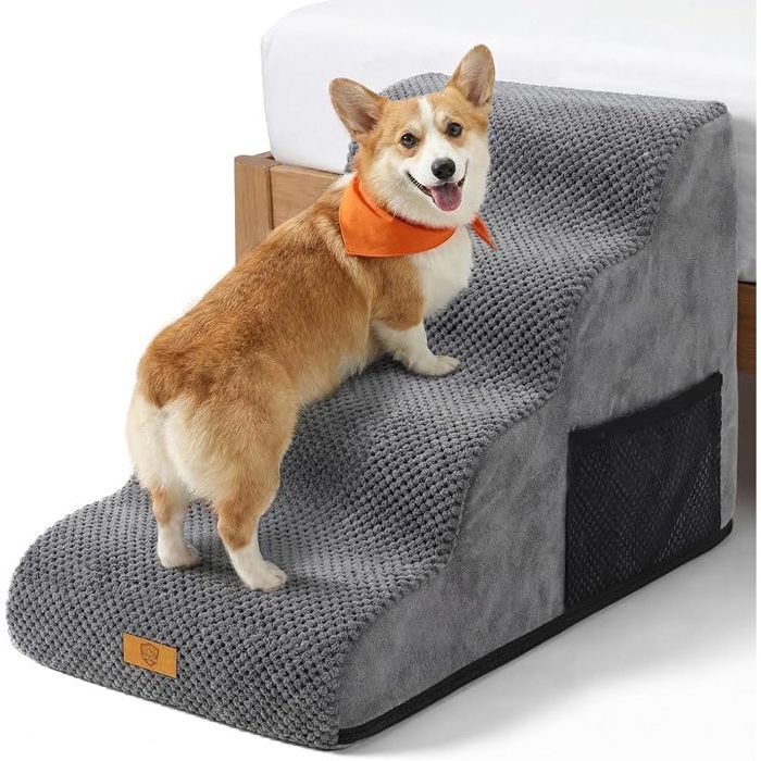 Escalier Chien Chat 4 Marches Pente Douce Protège Articulations Mousse 30D Double Antidérapant Adapté Canapé Lit Chiens Gris