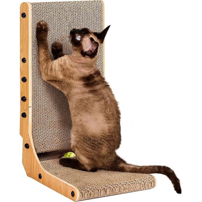 Griffoir pour Chat en Forme de L de 48cm de Haut Planche Grattoir Chat Carton avec Balle Jouet dintérieur 29x25x48 cm