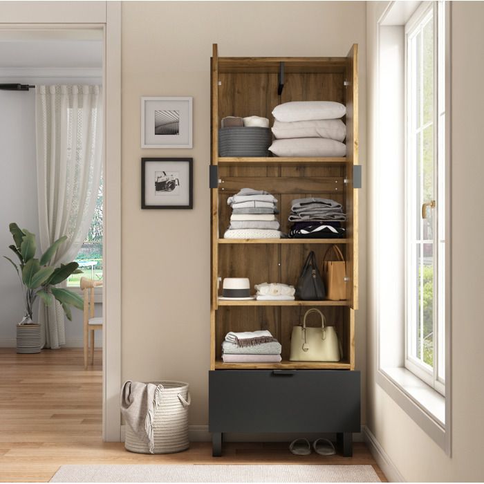 MEUBLIV Vestiaire dentrée 180 cm avec penderie 2 portes 1 tiroir niche ouverte bois et noir