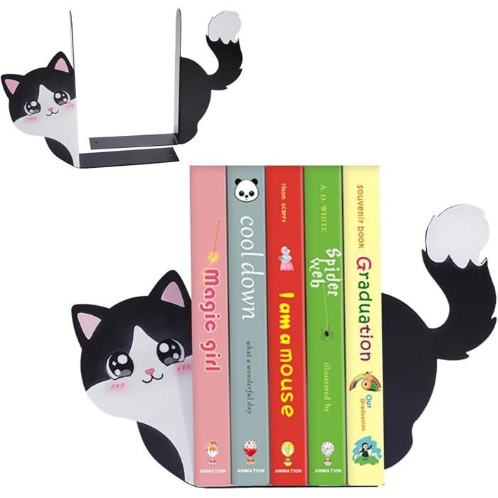 Serre Livres Chat en métal 2 pièces Noirdécoratif antidérapantLivre Forme de ChatBloque Livre originalétagère Chat Noir B