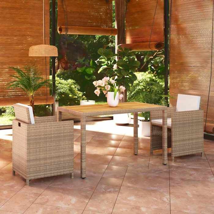 Ensemble de jardin - MAISON EXCLUSIVE - 3 pièces - Rotin synthétique beige - Table acacia massif - Coussins inclus