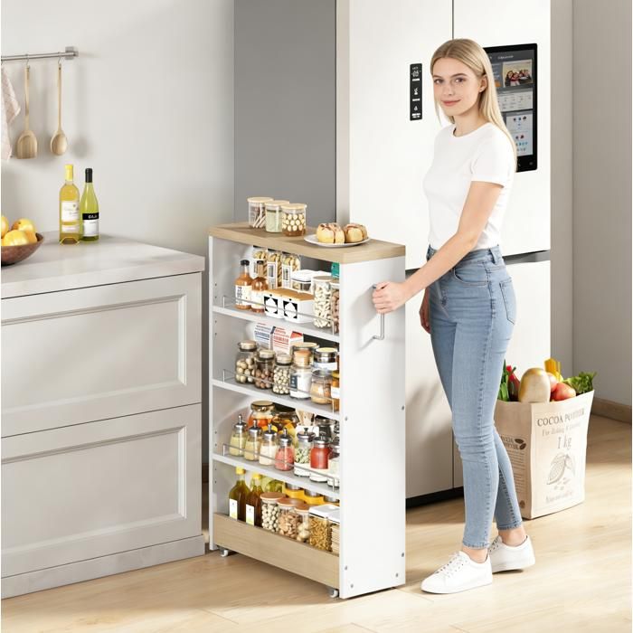 WUVRIE Desserte de rangement étroite 20 cm sur roulettes 4 étagères réglables blanc aspect bois 55 x 20 x 85 cm