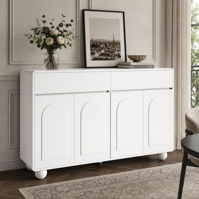 Buffet Bahut COZHYESS Meuble de Rangement pour Salon 4 Portes Cintrées 2 Tiroirs Étagères Réglables 140x38x89 cm - Blanc