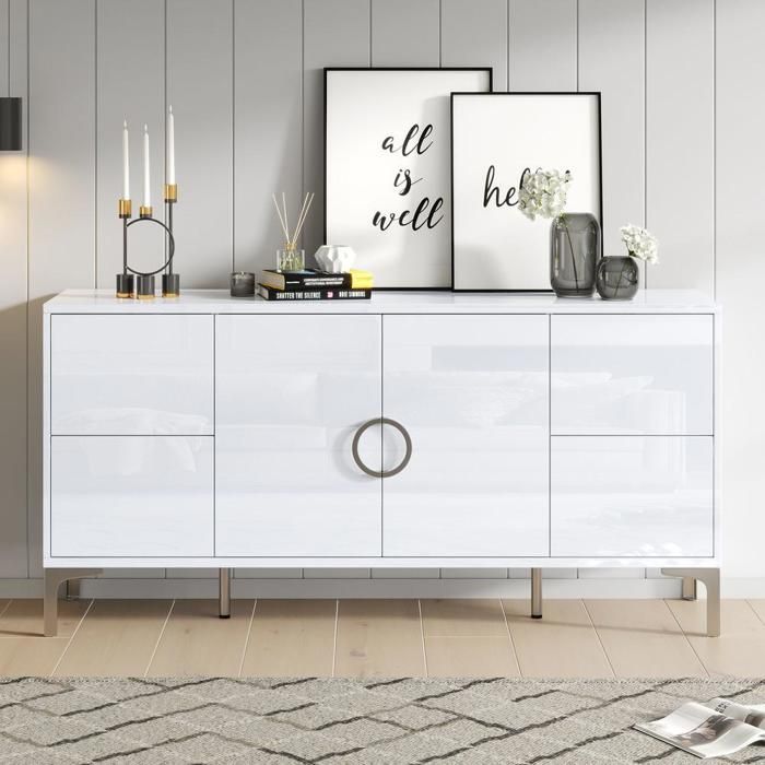 Buffet bas - KOMHTOM - 150x38x59 5cm - Blanc brillant - 4 tiroirs & 2 portes - Pieds métal Buffet bas - KOMHTOM - 150x38x59 5cm - Blanc brillant - 4 tiroirs & 2 portes - Pieds métal