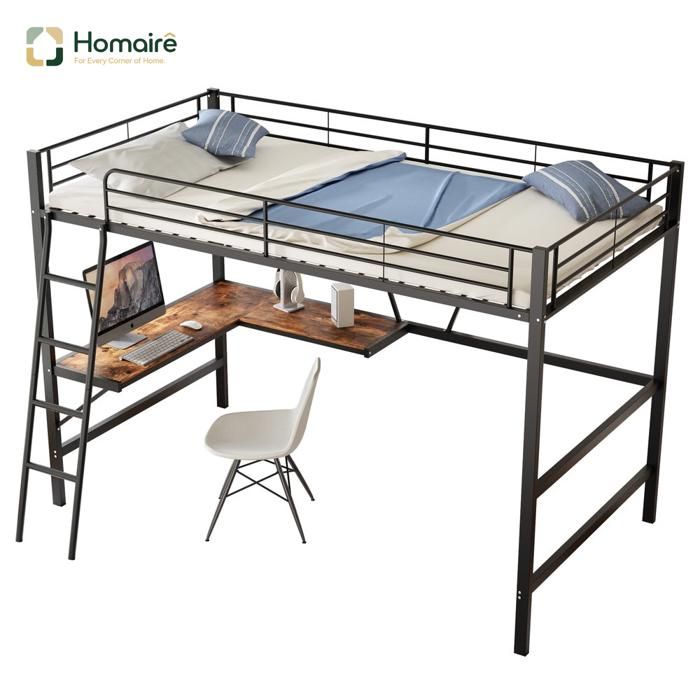 Lit mezzanine avec bureau en L et étagère Cadre en acier Minimaliste Sécurisé pour enfants adolescents adultes HOMAIRE