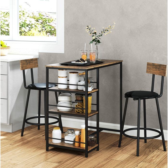 Ensemble bar 3 pièces table haute et 2 chaises de bar acier chêne 3 rangements style moderne