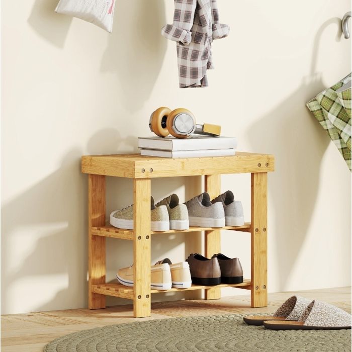 Meuble rangement banc a chaussures avec assise en bambou 50 x 28 x 45 cm 2 etageres entree couloir VEVXYN