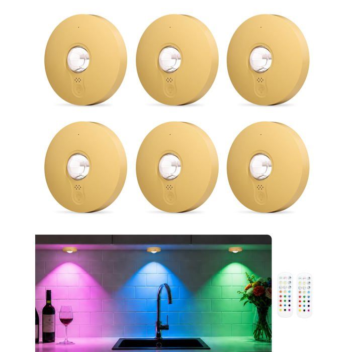 Lot de 6 spots LED RGB sans fil rechargeables - 15 couleurs fixation magnétique et télécommande
