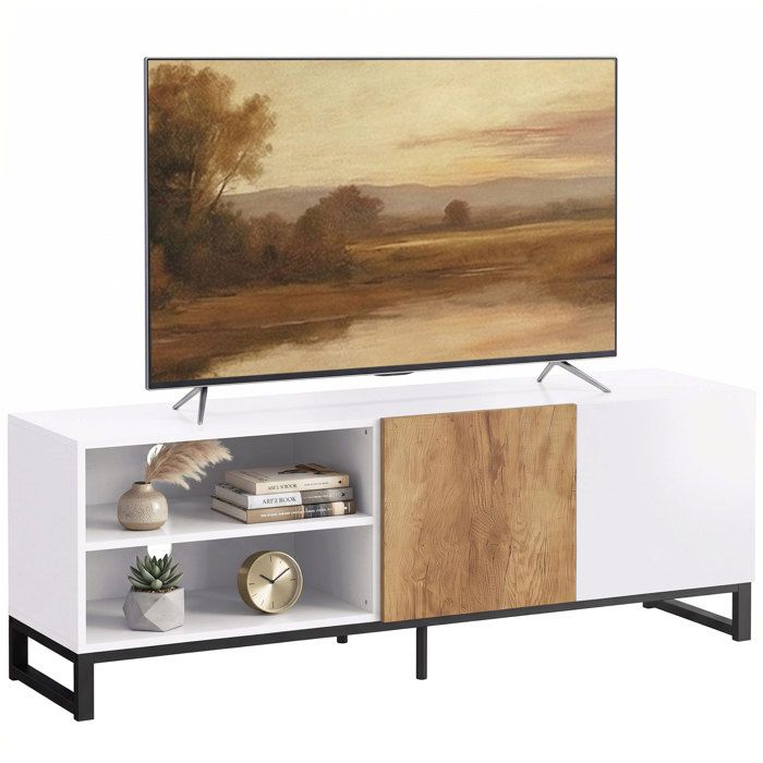 Meuble TV - HOMCOM - pour téléviseur 55 pouces - porte à fermeture douce et étagères réglables - bois - 140 x 36 5 x 50 cm - blanc Meuble TV - HOMCOM - pour téléviseur 55 pouces - porte à fermeture douce et étagères réglables - bois - 140 x 36 5 x 50 cm - blanc