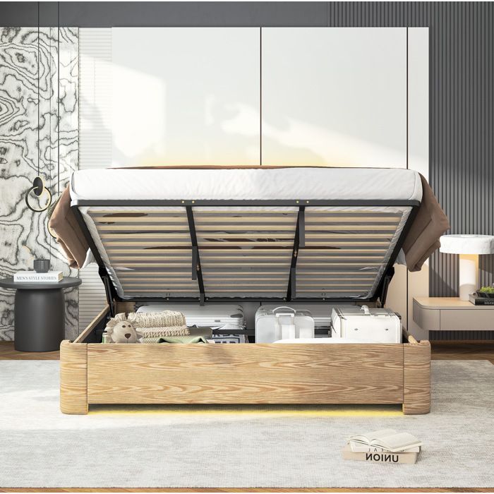 Lit coffre 180x200 cm avec vérins hydrauliques 750 N LED 7 couleurs télécommande structure bois et métal chêne beige VEVXYN
