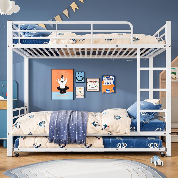 Lit superposé en métal blanc pour enfant avec lit escamotable et barrières de sécurité 90x200cm & 90x190cm
