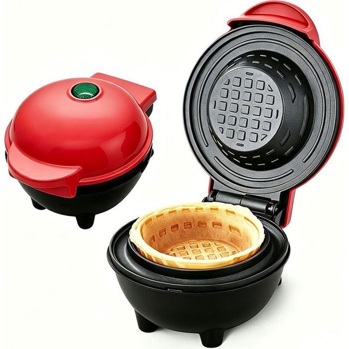 Machine à Gaufres Compacte en Forme de Bol - Cuisson uniforme rapide Plaques amovibles et antiadhésives - Rouge