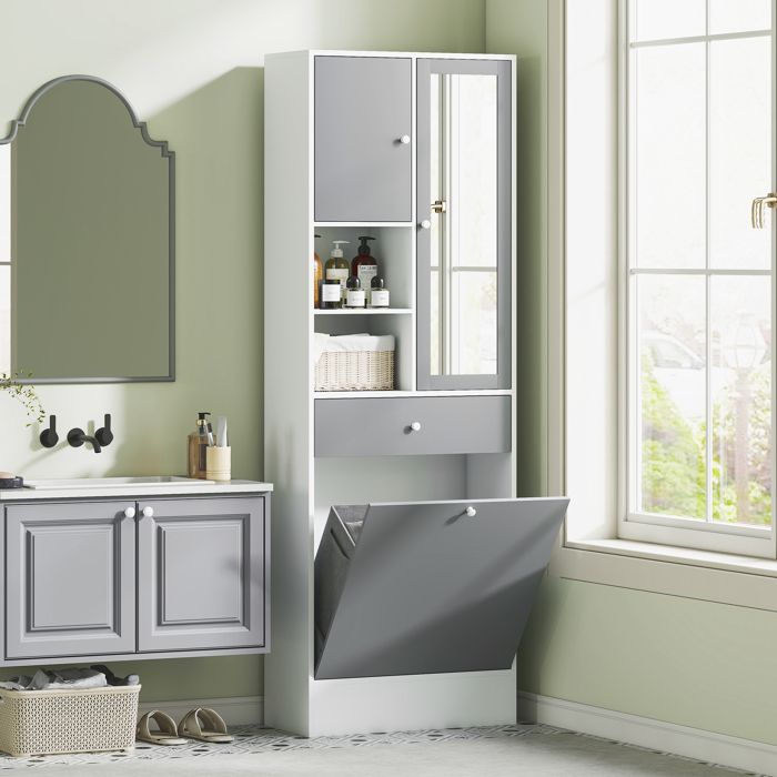 Colonne de salle de bain avec panier à linge basculant placard miroir 3 niveaux tiroir 2 cases ouvertes gris et blanc