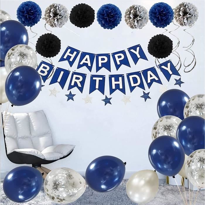 Joyeux Anniversaire Banniere Decorations Pour Hommes Femmes Ballons Bleu Marine Argentes Pompons 967 Cdiscount Maison
