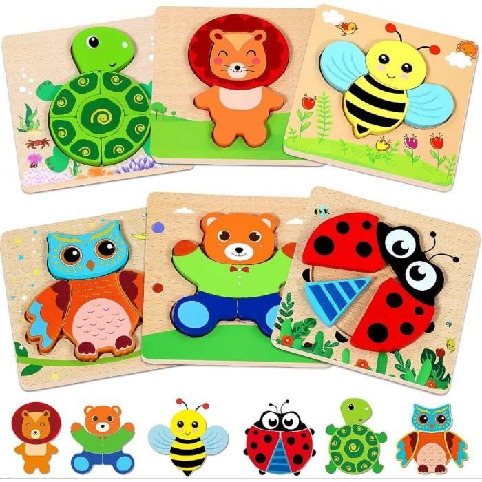 Puzzle Bois Enfant 6 PCS Jouet Montessori Puzzles Jeu 2 3 an Ans